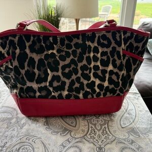 Coach chic Leopard Print Tote Bag with Red Accents